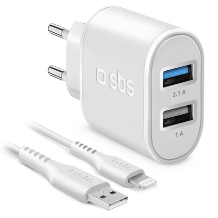 SBS - 10W polnilni adapter 2x USB + USB / Lightning kabel, bel