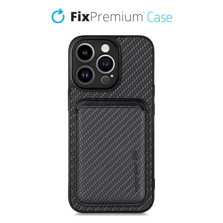 FixPremium - Carbon ovitek z denarnico MagSafe Wallet za iPhone 13 Pro, črn